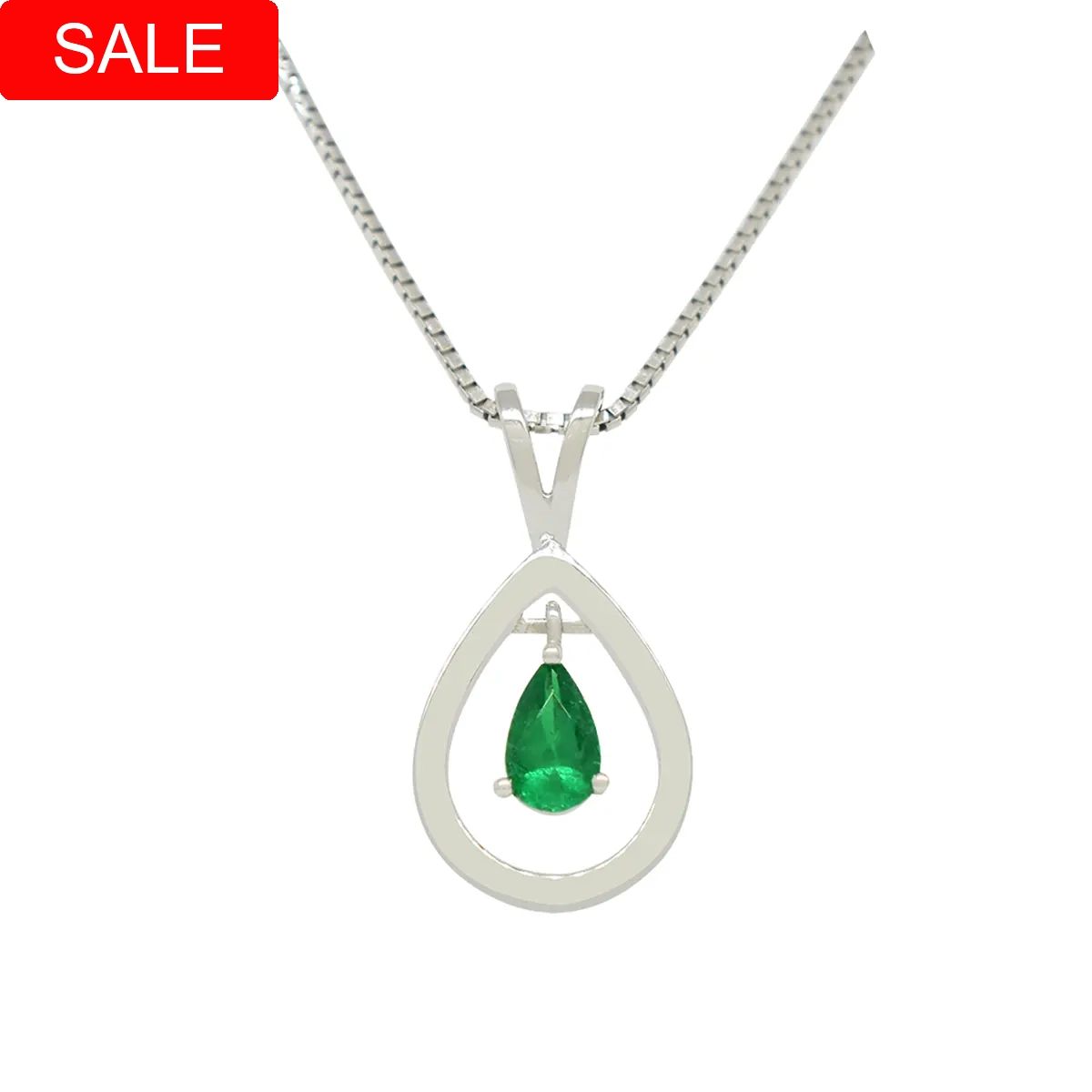 Emerald pendant custom made in18K white gold with a small 0.35 Ct. pear shape natural Colombian emerald that dangles in the middle of the piece