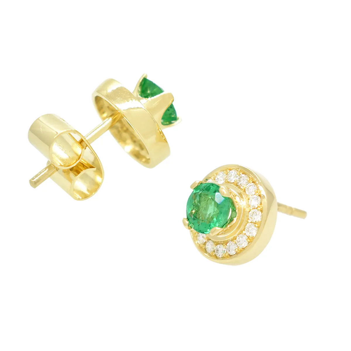 The surface of these emerald and diamond earrings is a combination of rich pave setting between the small diamonds and high polish gold on the edges that create a colorful look with the stunning color of the gems