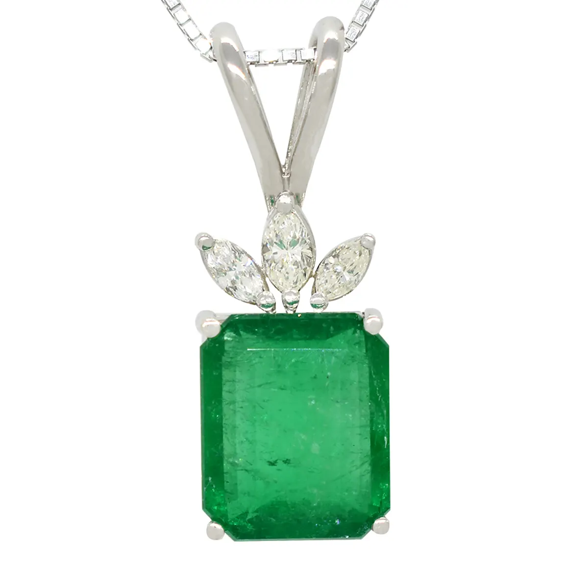 Emerald and Diamond Pendant in 18K White Gold With Emerald Cut Emerald and Marquise Shape Diamonds