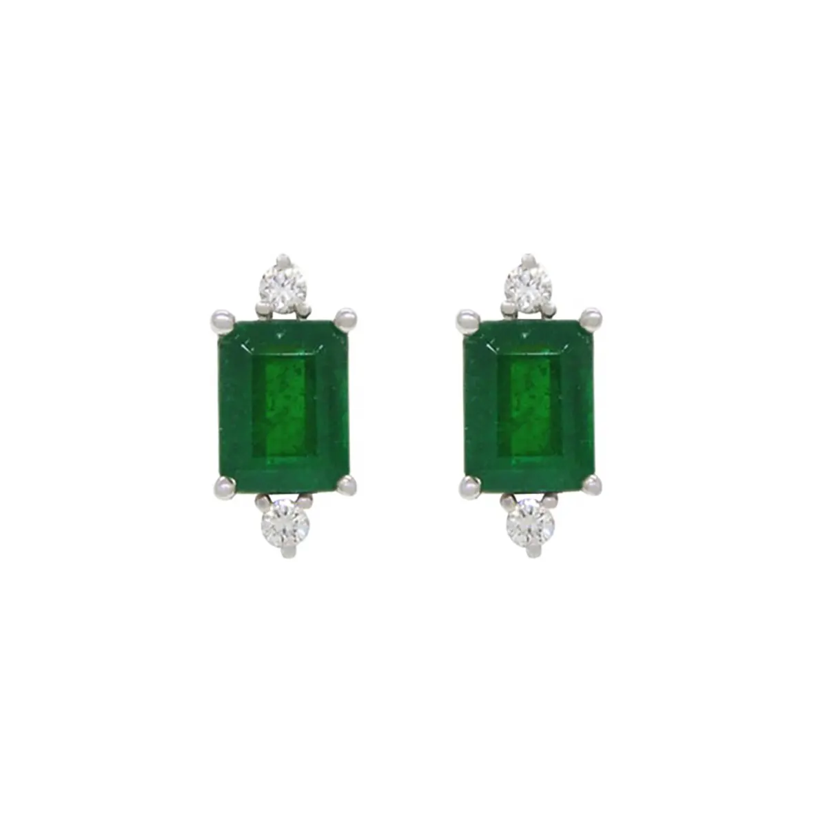 Emerald Cut Natural Emeralds Set in 18K White Gold Stud Earrings With Round Diamonds