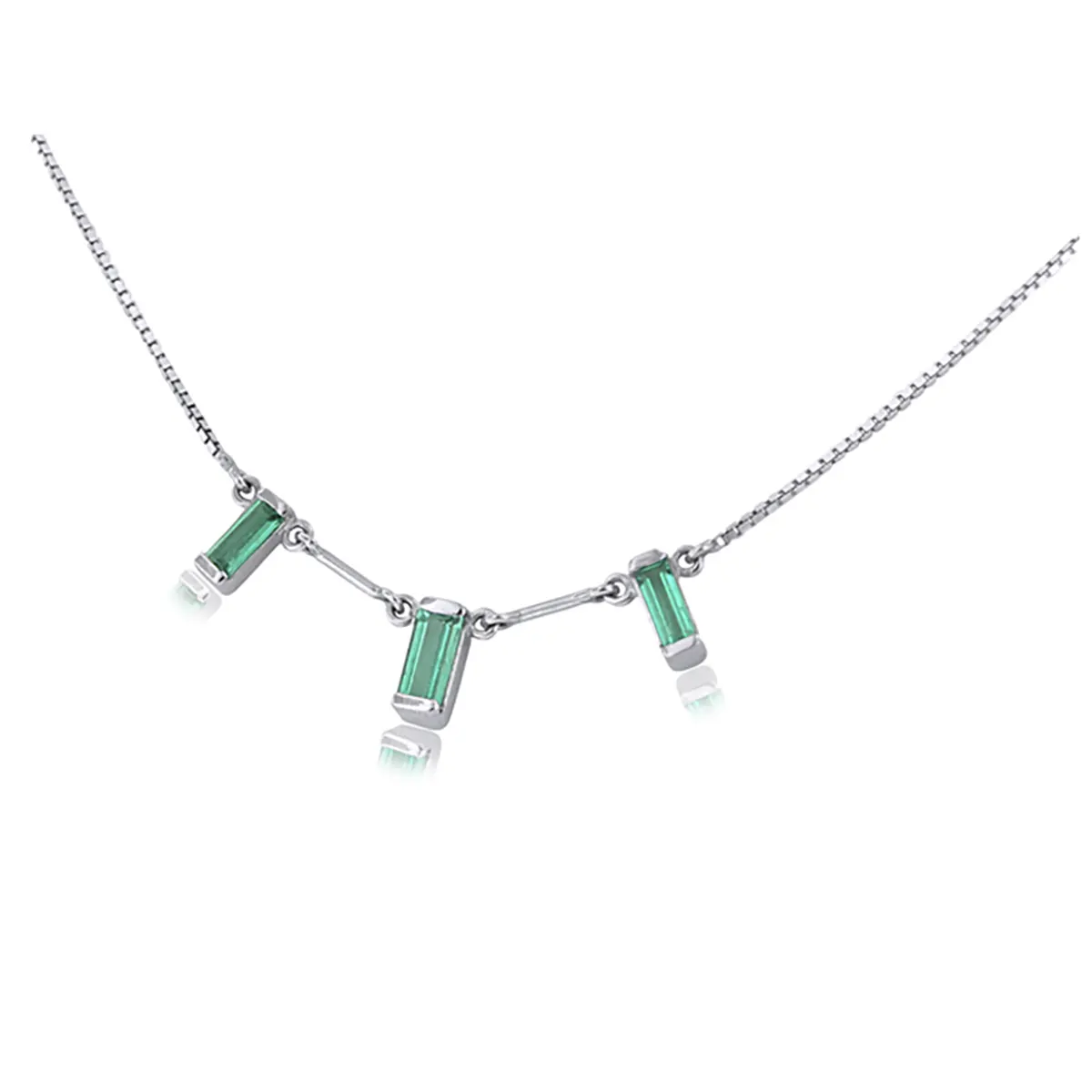 18K White Gold Emerald Necklace With Baguette Cut Natural Emeralds