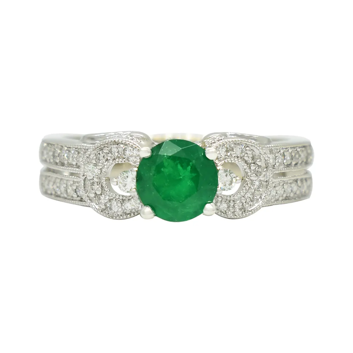 Emerald Ring in 14K White Gold With 44 Round Diamonds in Micro Pave Setting