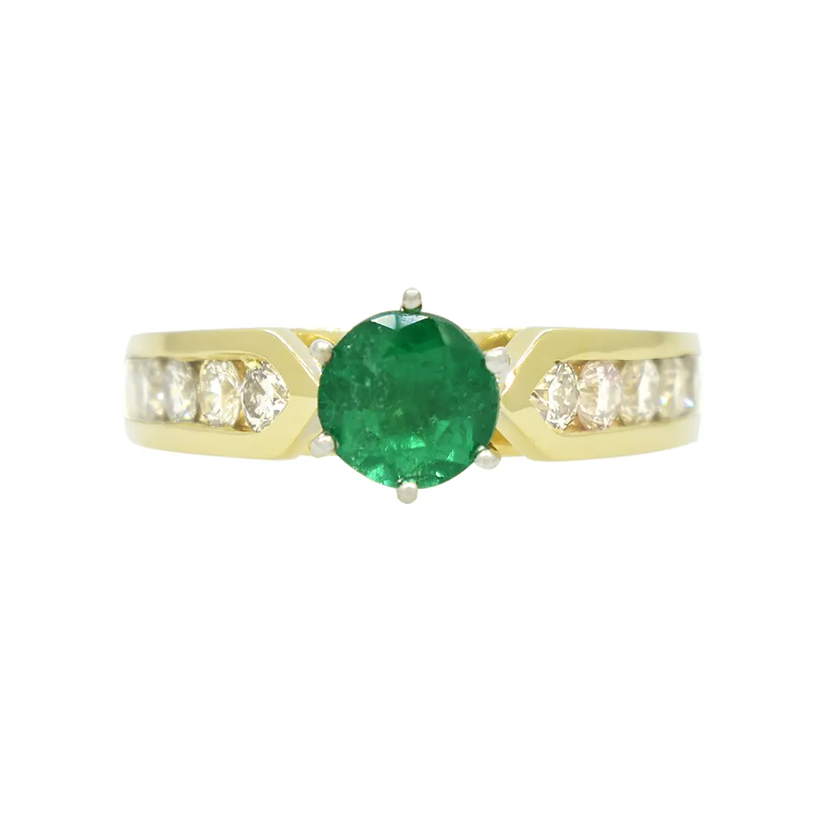 Emerald Ring in 2 Tones Gold and 10 Round Diamonds in Cathedral Ring Style