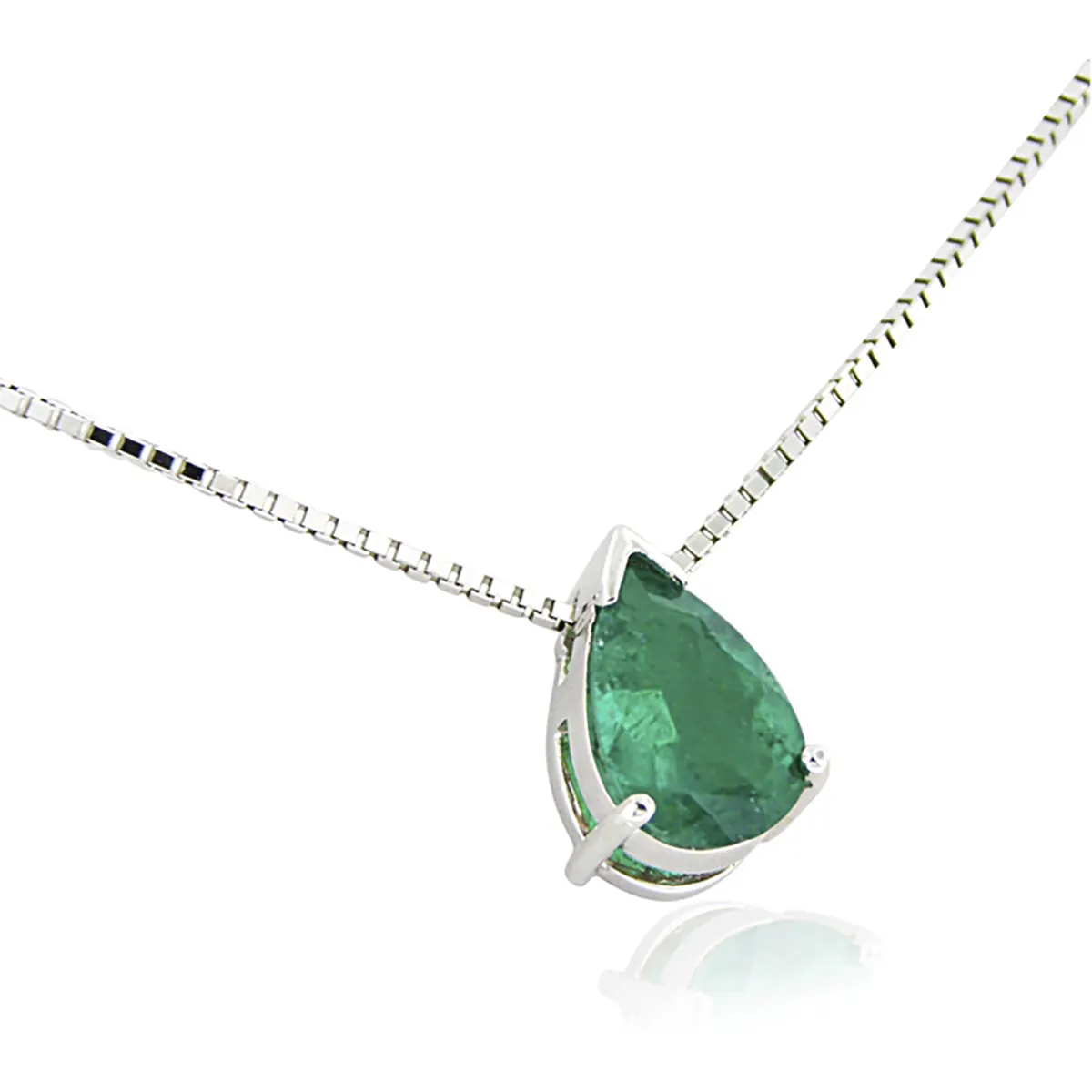 Emerald necklace in 18K white gold with 1 Ct. pear shape natural Colombian emerald with dark green color set in a simple solitaire style 