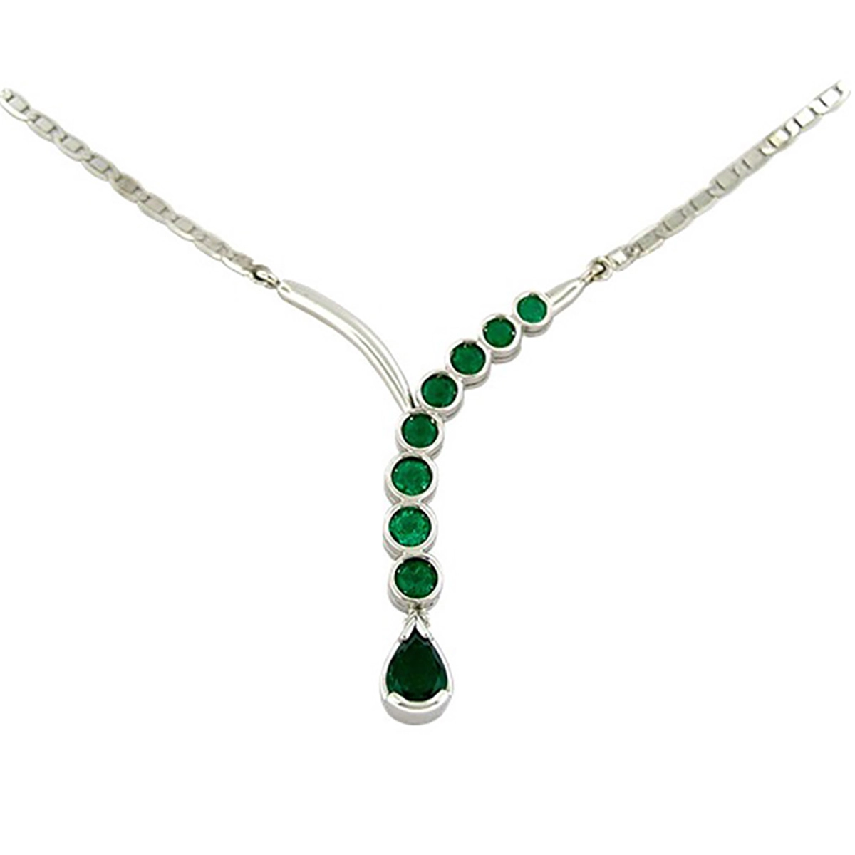 18K white gold emerald necklace with 8 graduated round cut natural emeralds from the smaller one at the top to the biggest one at the bottom. And one large pear shape natural Colombian emerald set at the bottom after the largest emerald