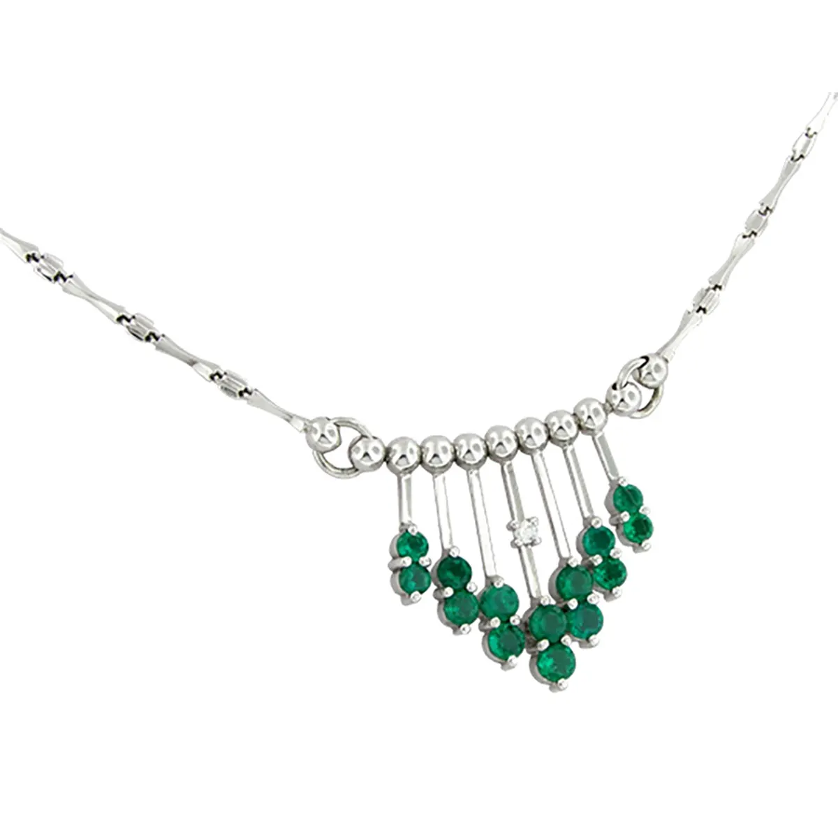 Emerald and diamond necklace custom made in 18K white gold with 14 round cut natural Colombian emeralds and 1 round cut diamond set in the center part of the necklace