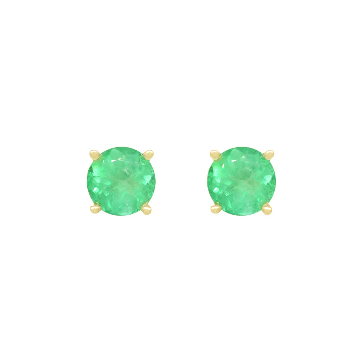 Stud Emerald Earrings in 18K Yellow Gold With Round Cut Natural Emeralds