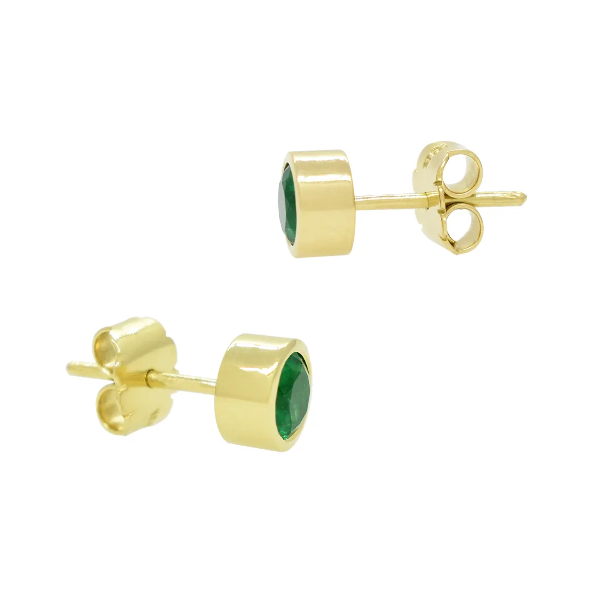 18K Yellow Gold Round Emerald Stud Earrings in Bezel Setting