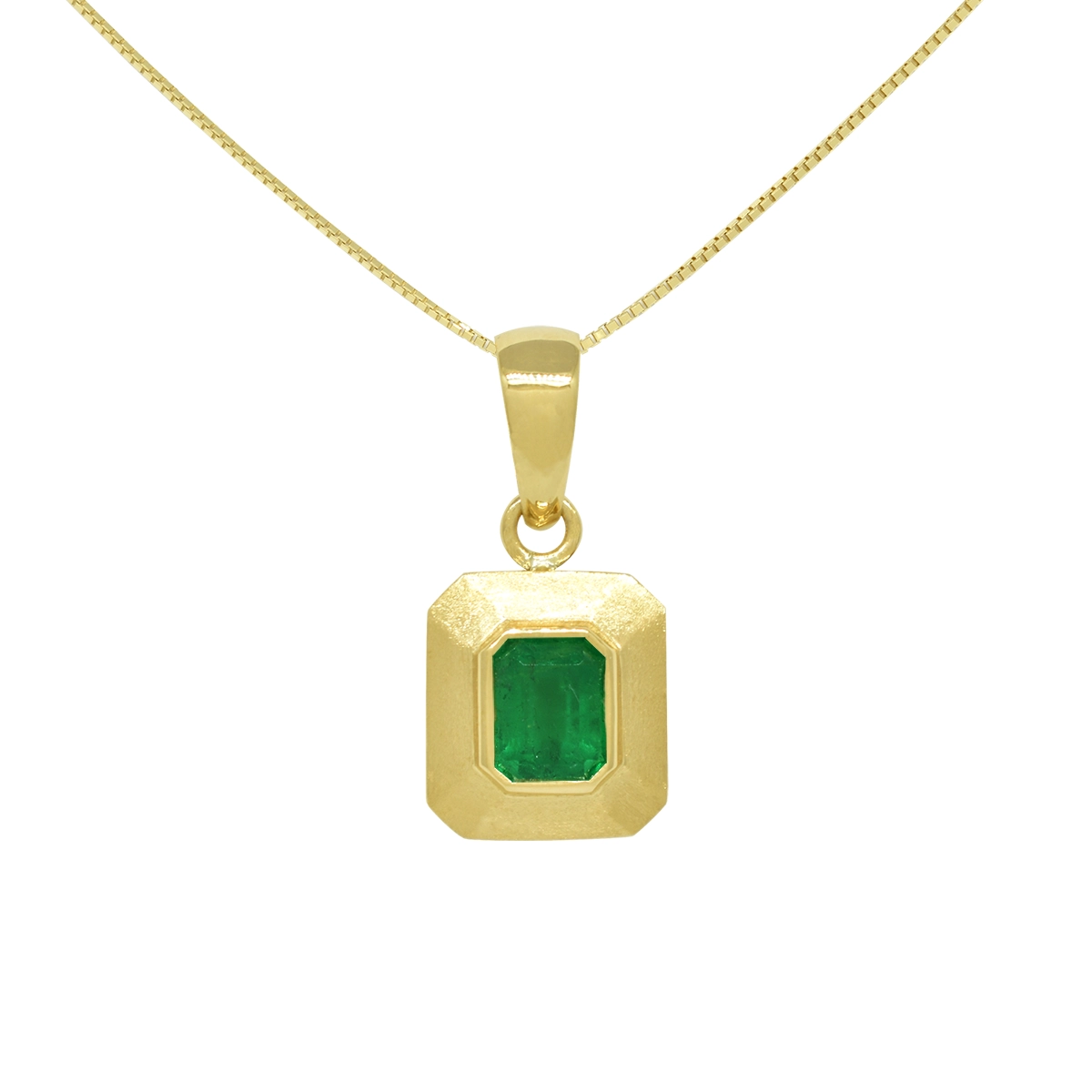 Emerald cut natural Colombian emerald pendant necklace set in solid 18K yellow gold bezel set with brush finish creating a rich texture around the gem