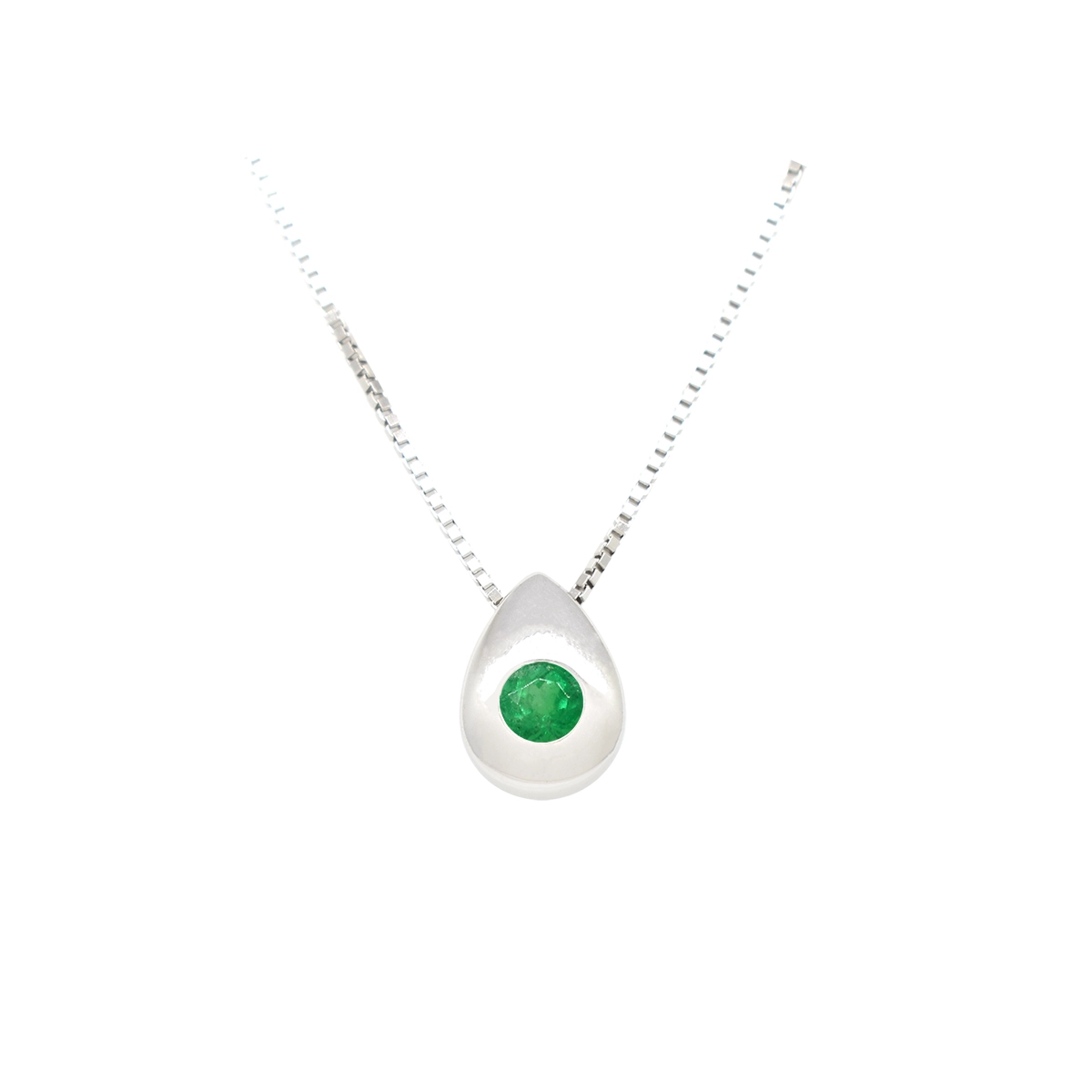 Emerald Necklace in 18K White Gold with Genuine Round Cut Emerald