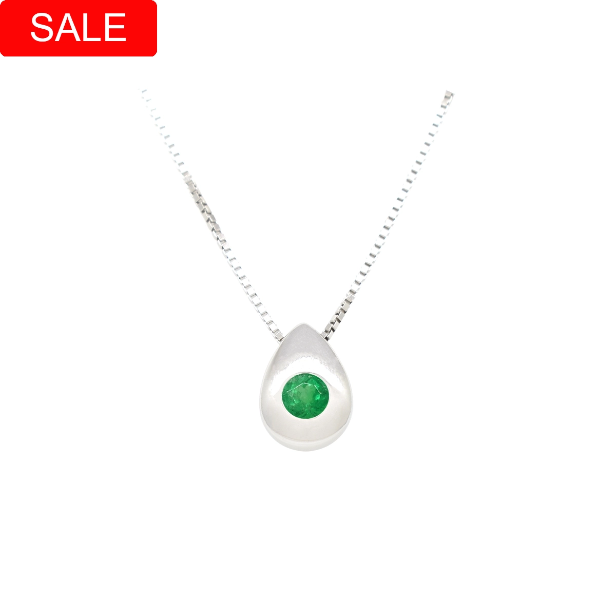 Emerald necklace in 18K white gold teardrop design with 0.28 Ct. round cut green emerald set in a smooth bezel setting