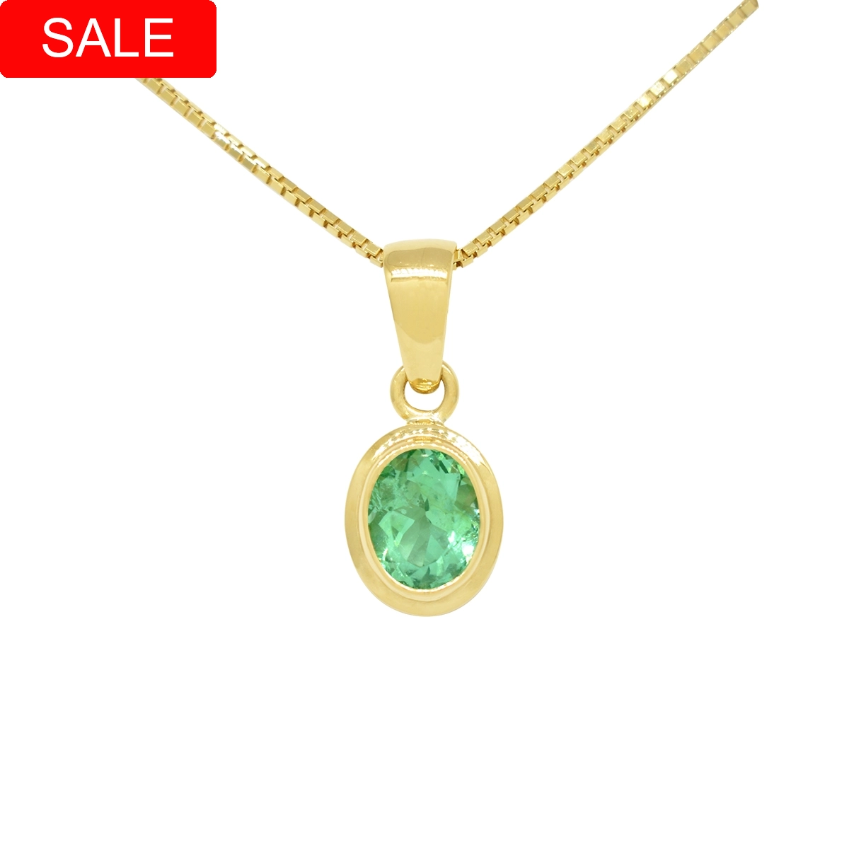 Emerald pendant necklace in 18K yellow gold with 0.90 Ct. oval shape natural emerald in classic bezel setting