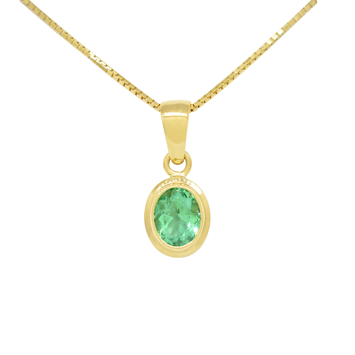 Emerald pendant necklace in 18K yellow gold with 0.90 Ct. oval shape natural emerald in classic bezel setting