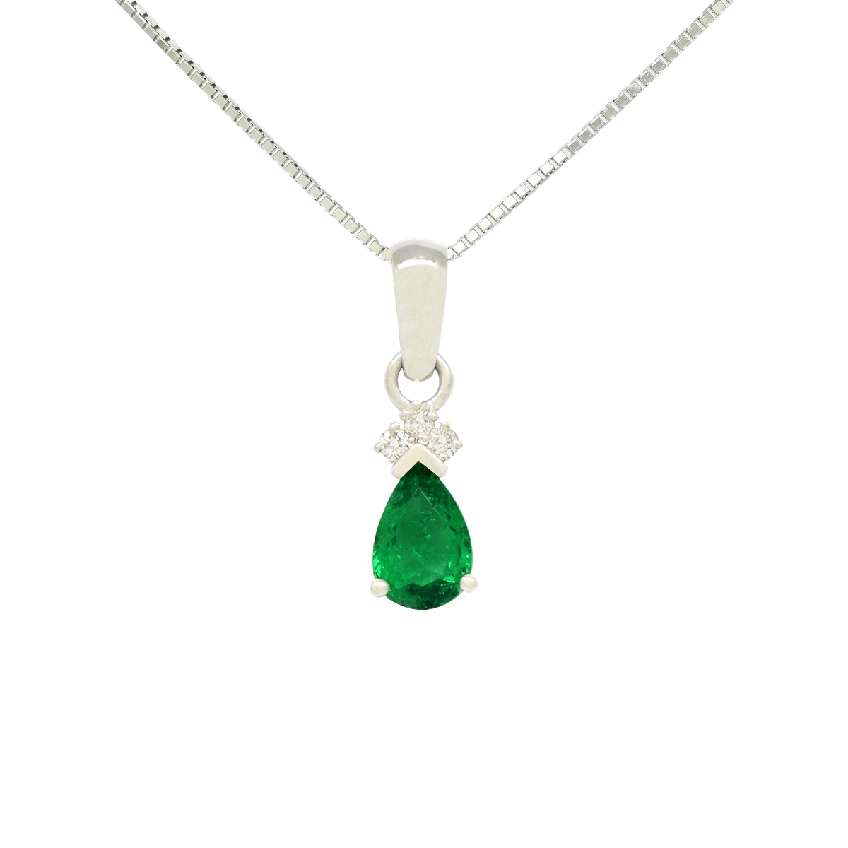 Emerald and diamond pendant necklace in 18K white gold with 0.60 Ct. pear-shaped natural Colombian emerald and 0.04 Ct. t.w. in 3 round cut genuine diamonds