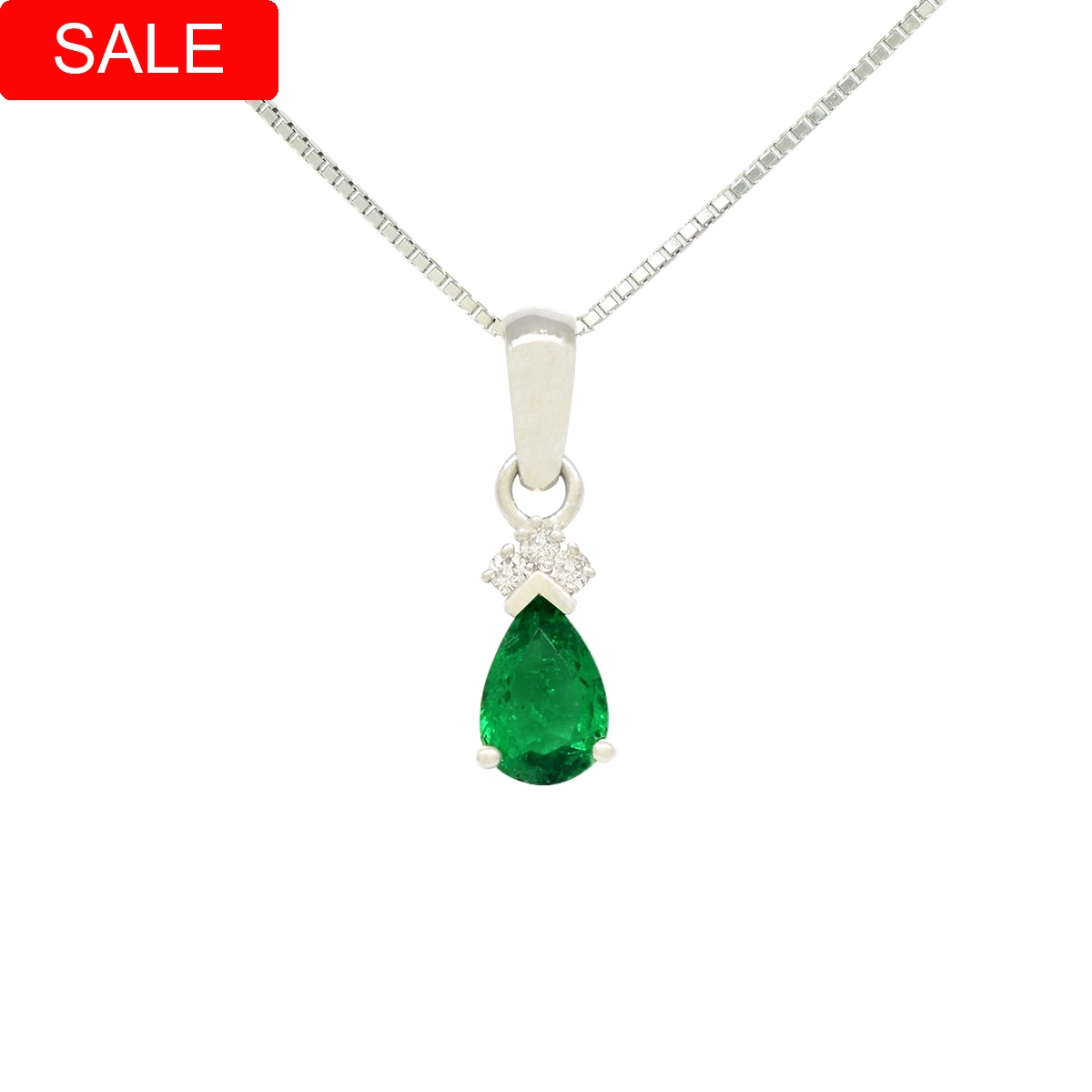 Emerald and diamond pendant necklace in 18K white gold with 0.60 Ct. pear-shaped natural Colombian emerald and 0.04 Ct. t.w. in 3 round cut genuine diamonds