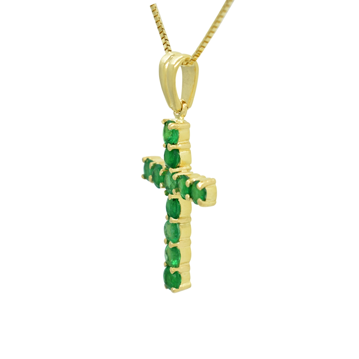 Emerald cross pendant necklace, side view showing durable prong setting for each gem in solid 18K yellow gold