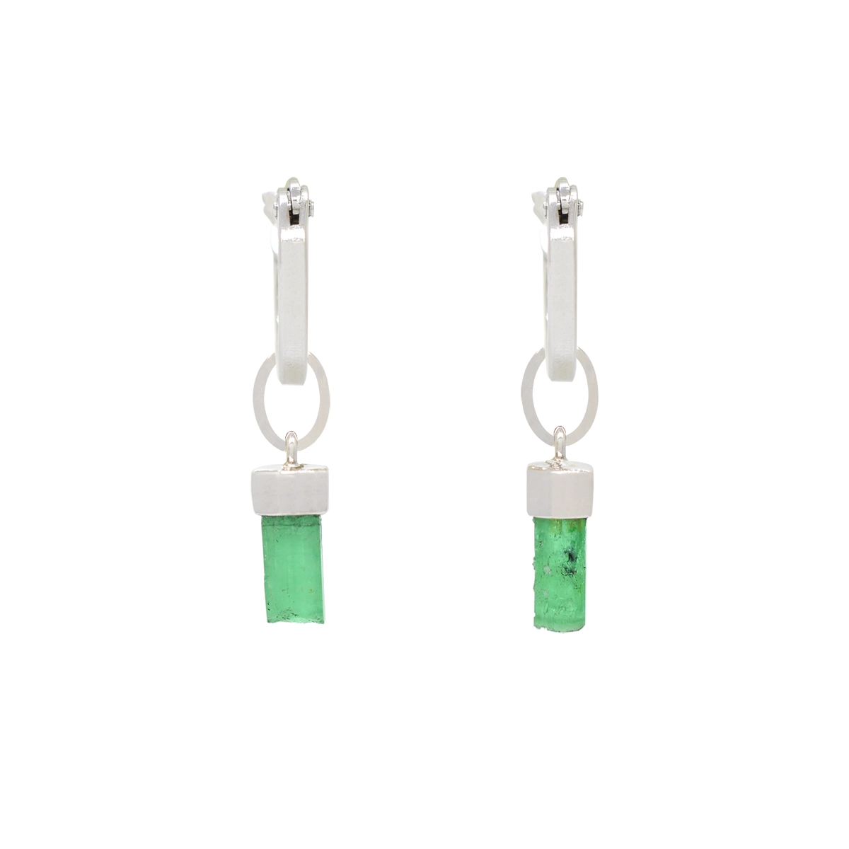 Uncut gemstones drop earrings with 2 uncut long green emeralds set in 18K white gold dangling earrings style front view