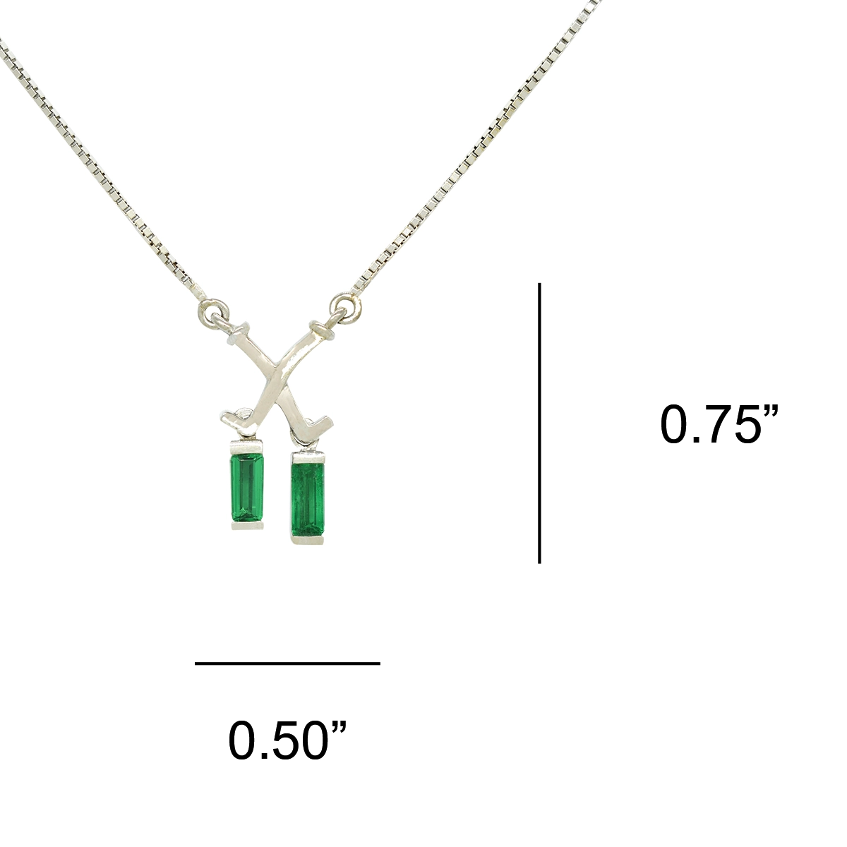 This emerald necklace has and 18 inches long stunning box chain with a durable lobster clasp. Its center part, where the baguette emeralds are set, is 3/4 of an inch (0.75 inches) high by 1/2 an inch (0.50 inches) wide