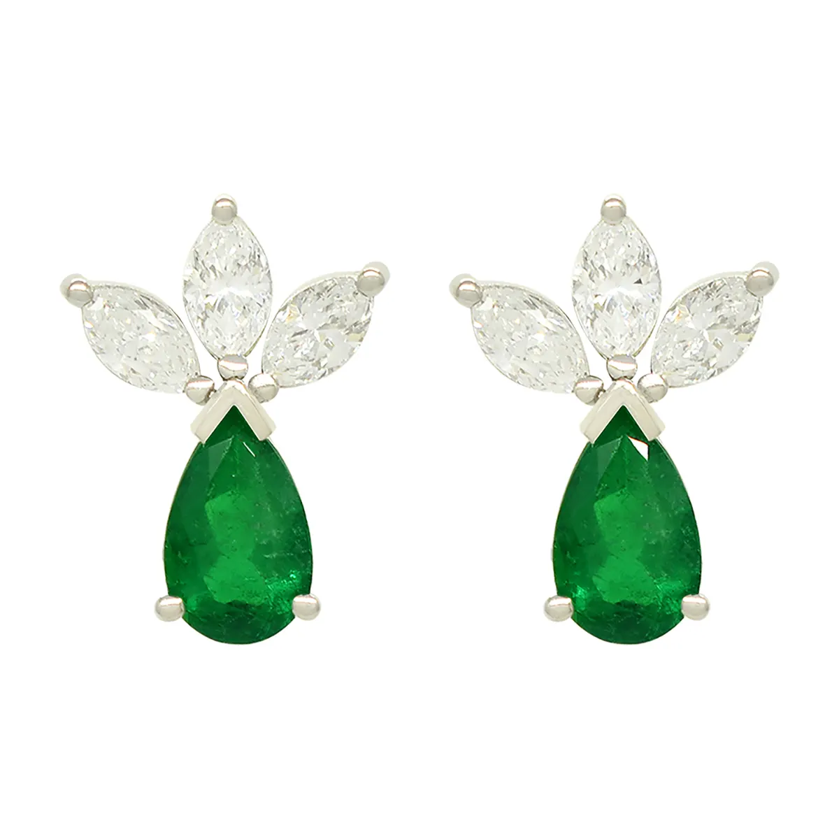 Emerald and Diamond Earrings in 18K White Gold With Pear Emeralds and Marquise Diamonds