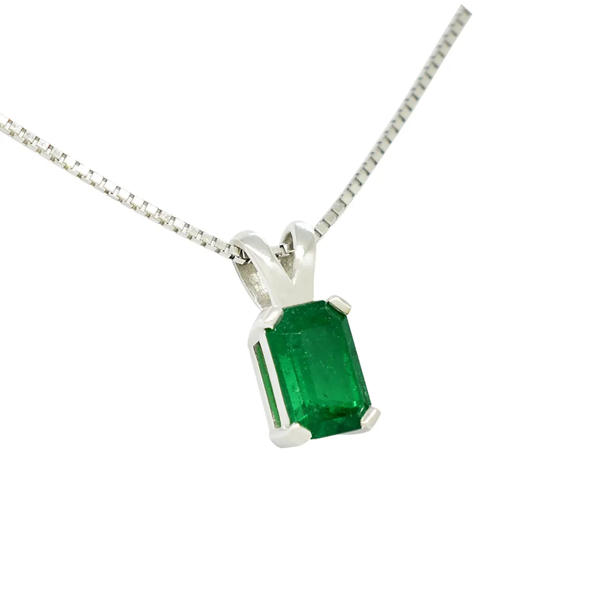 Emerald Cut Emerald Set in 18K White Gold Solitaire Pendant