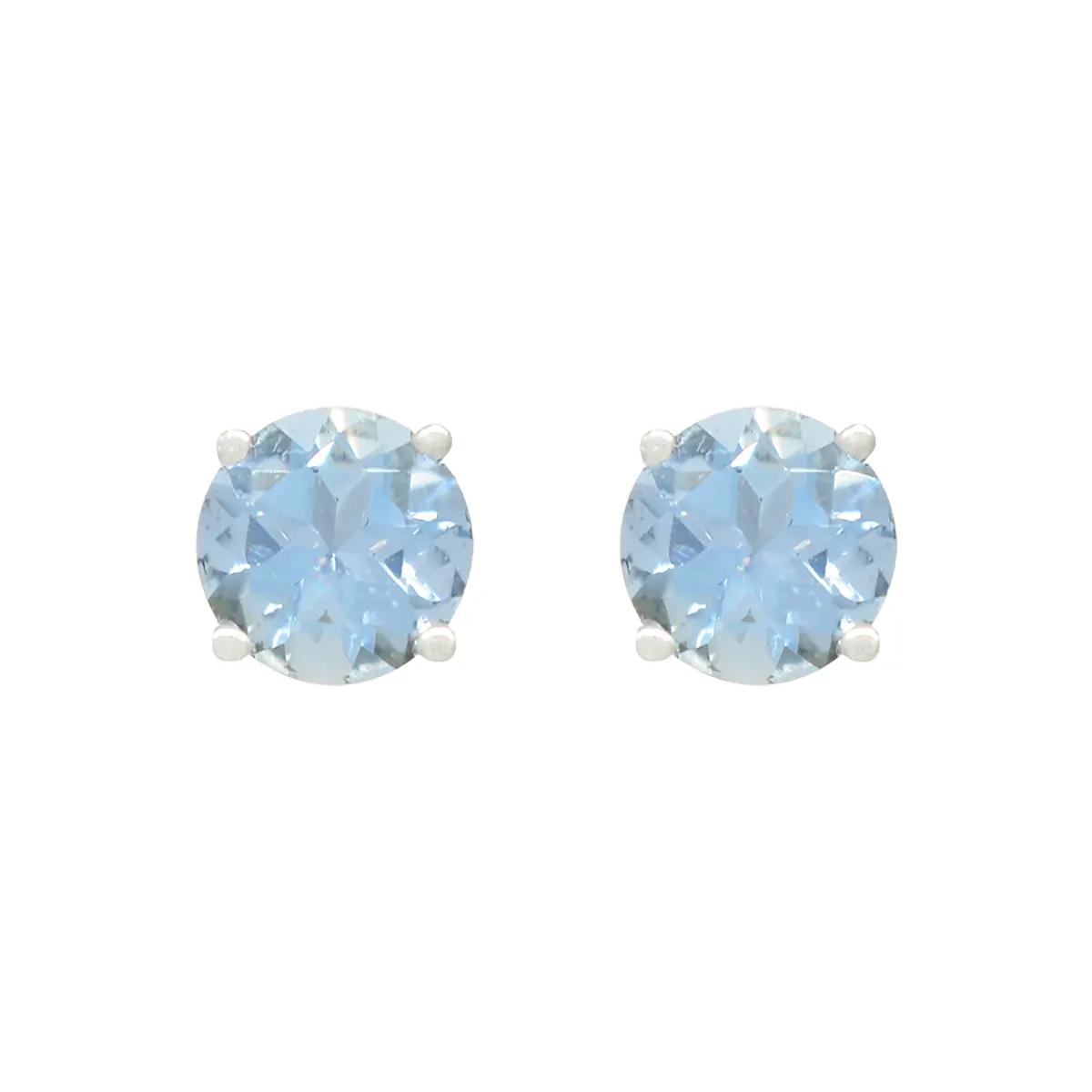 Aquamarine stud earrings in 18K white gold with 2 round cut genuine natural aquamarines in 0.84 Ct. total weight