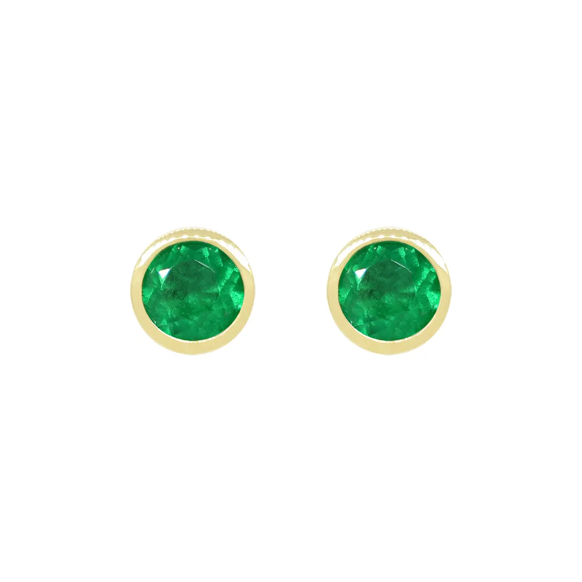 18K Yellow gold Emerald Stud Earrings in Bezel Setting