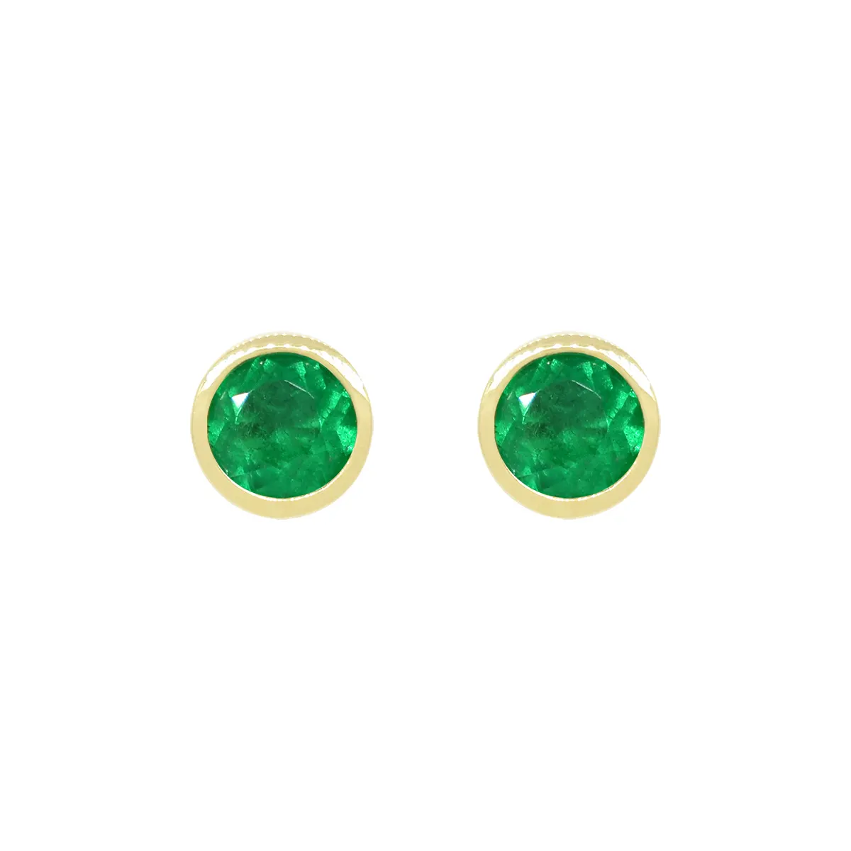 18K Yellow Gold Round Emerald Stud Earrings in Bezel Setting