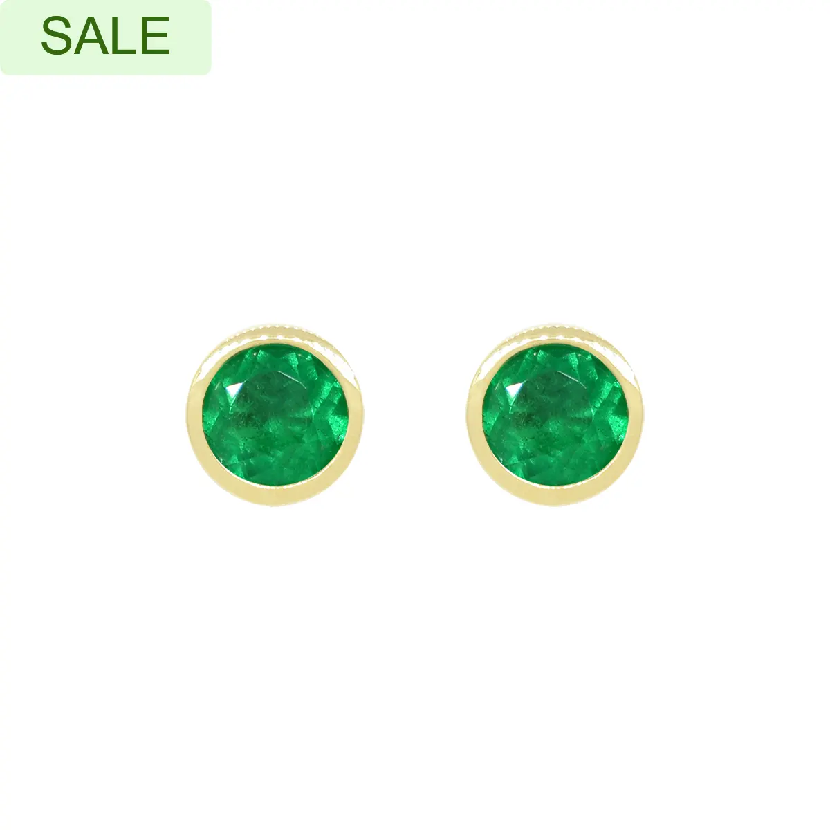 18K Yellow Gold Round Emerald Stud Earrings in Bezel Setting