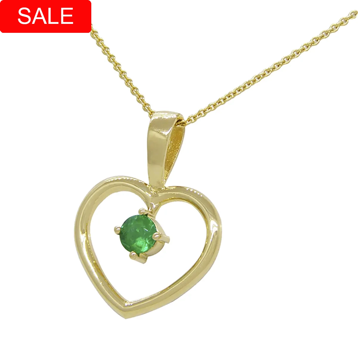 18K Yellow Gold Heart Shape Emerald Pendant with 0.22 Ct. Round Cut Emerald