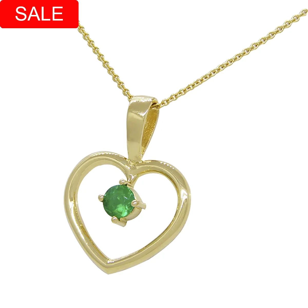 Heart-shaped emerald pendant necklace in 18K gold with small round cut emerald in 0.22 Ct. weight set in the center