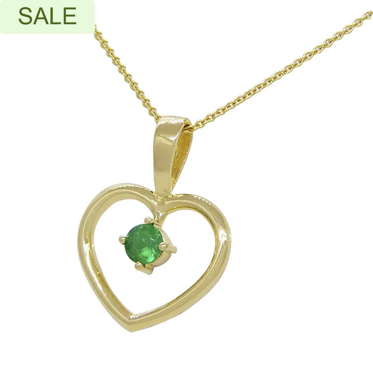 18K Yellow Gold Heart Shape Emerald Pendant with 0.22 Ct. Round Cut Emerald