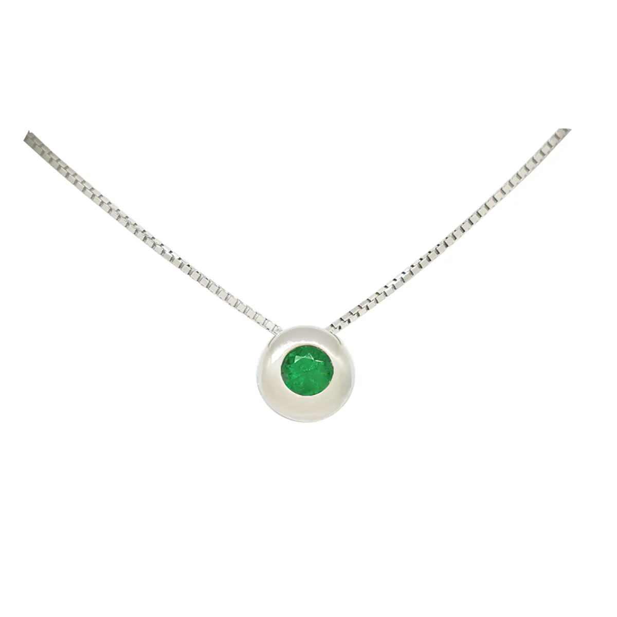 Solitaire Emerald Necklace in 18K White Gold with Round Emerald