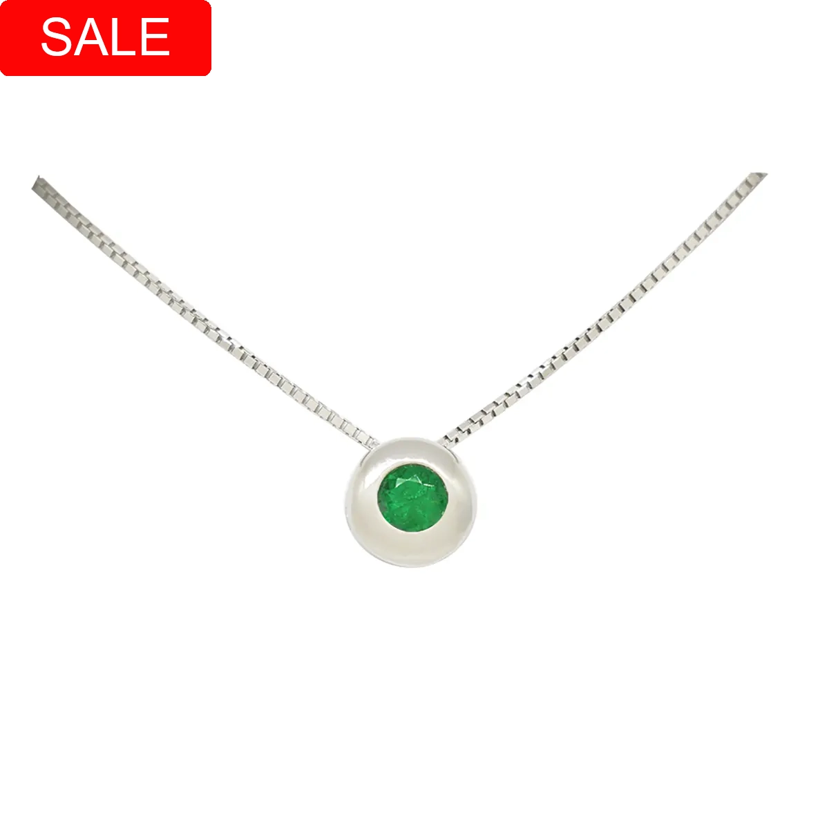 Small emerald necklace with a circular shape custom made in 18K white gold with a 0.25 Ct. round cut green natural emerald