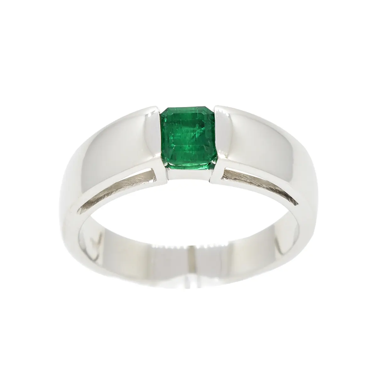 Solitaire emerald ring in 18K white gold band style with square emerald cut natural emerald in 0.77 Ct. weight