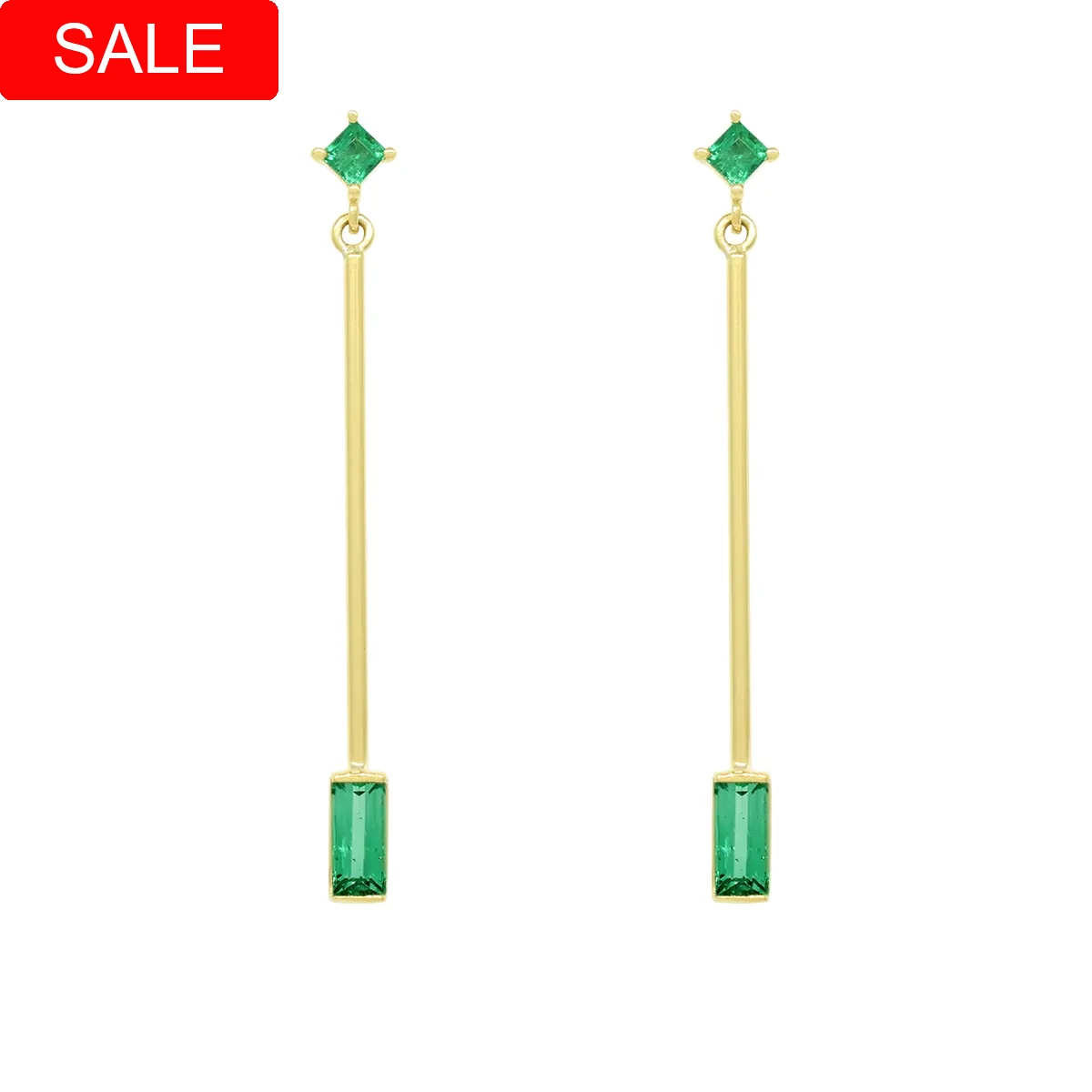Delicate emerald drop earrings in 18K yellow gold with four small natural Colombian emeralds in 0.65 Ct. t.w.
