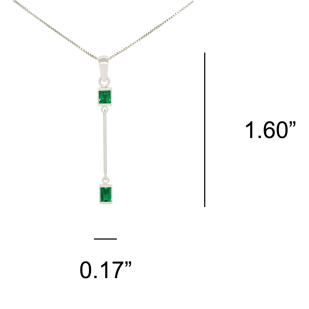 The dimensions of this emerald pendant are 1.60 inches high from the top of the bail, by 0.17 inches wide