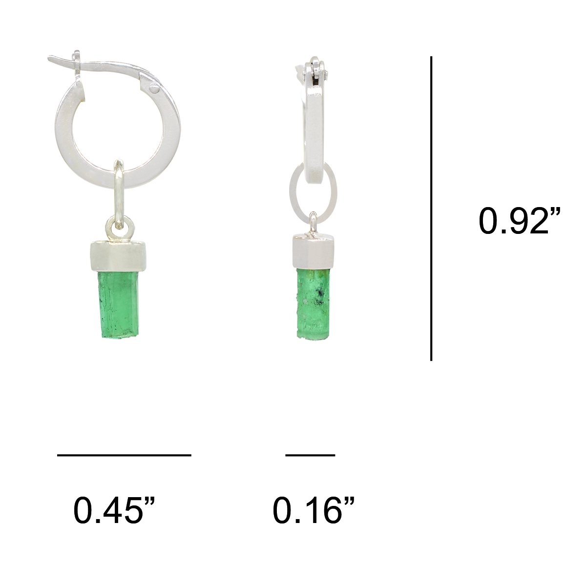The dimensions of these dangle hoop earrings are 0.92 inches high by 0.45 deep by 0.16 wide, which make them a middle size drop earrings