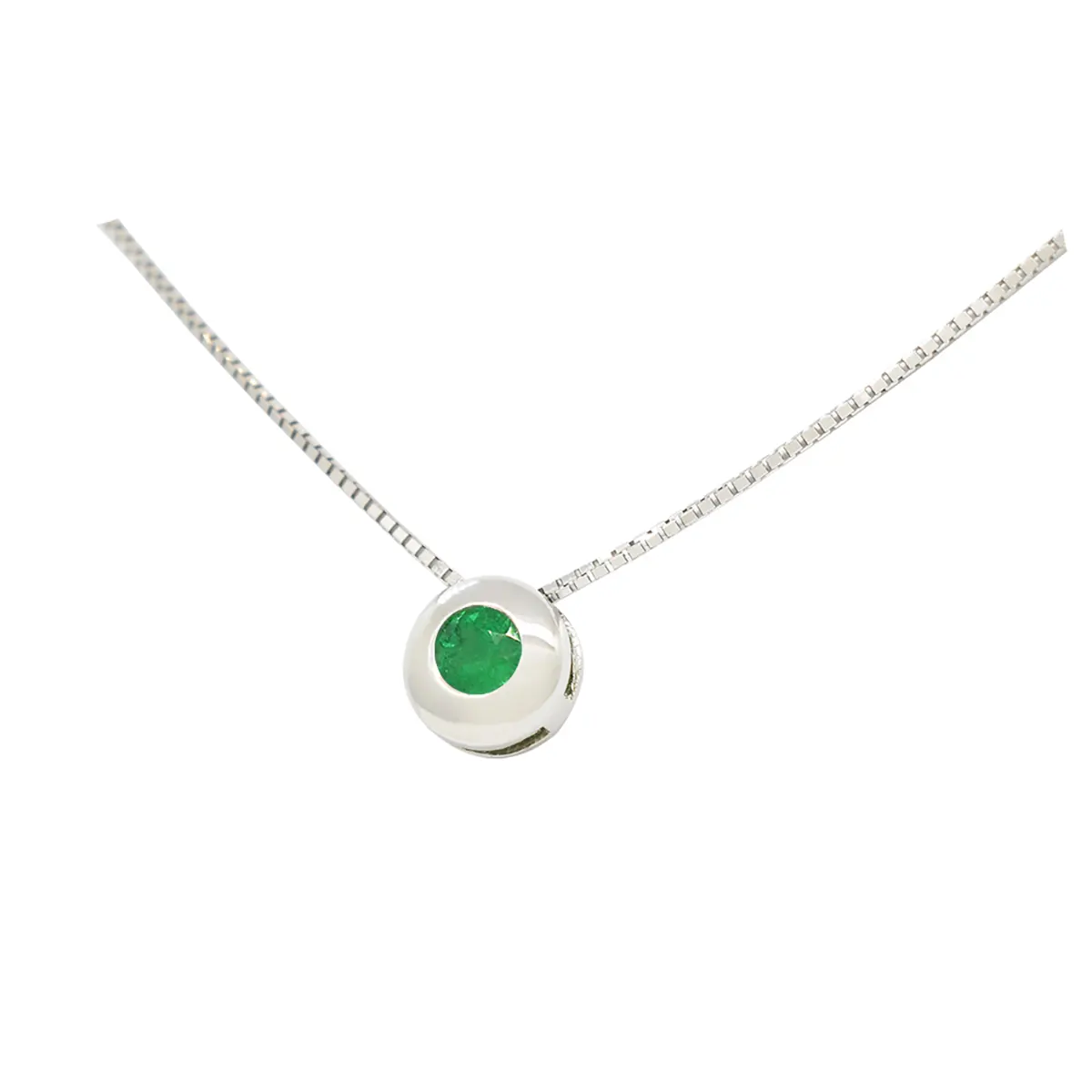 Solitaire Emerald Necklace in 18K White Gold with Round Emerald