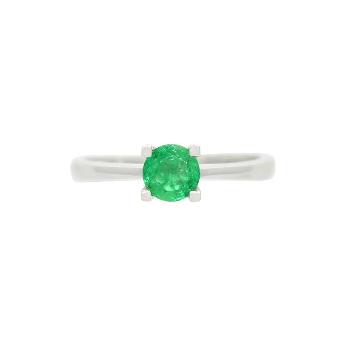 Natural emerald ring in 18K white gold with 0.60 Ct. round cut natural Colombian emerald in classic solitaire style