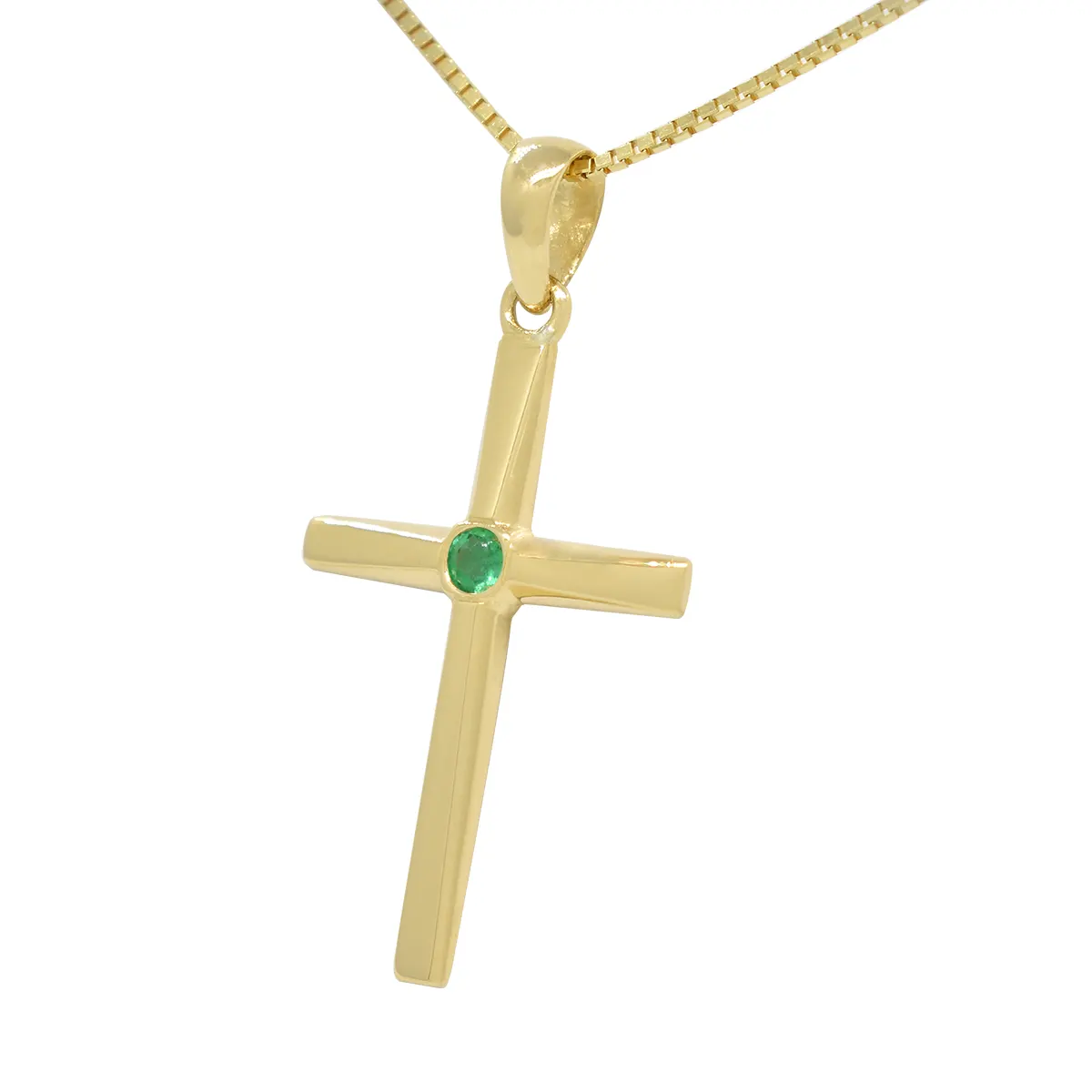 Cross Emerald Pendant in 18K Gold with Round Cut Emerald