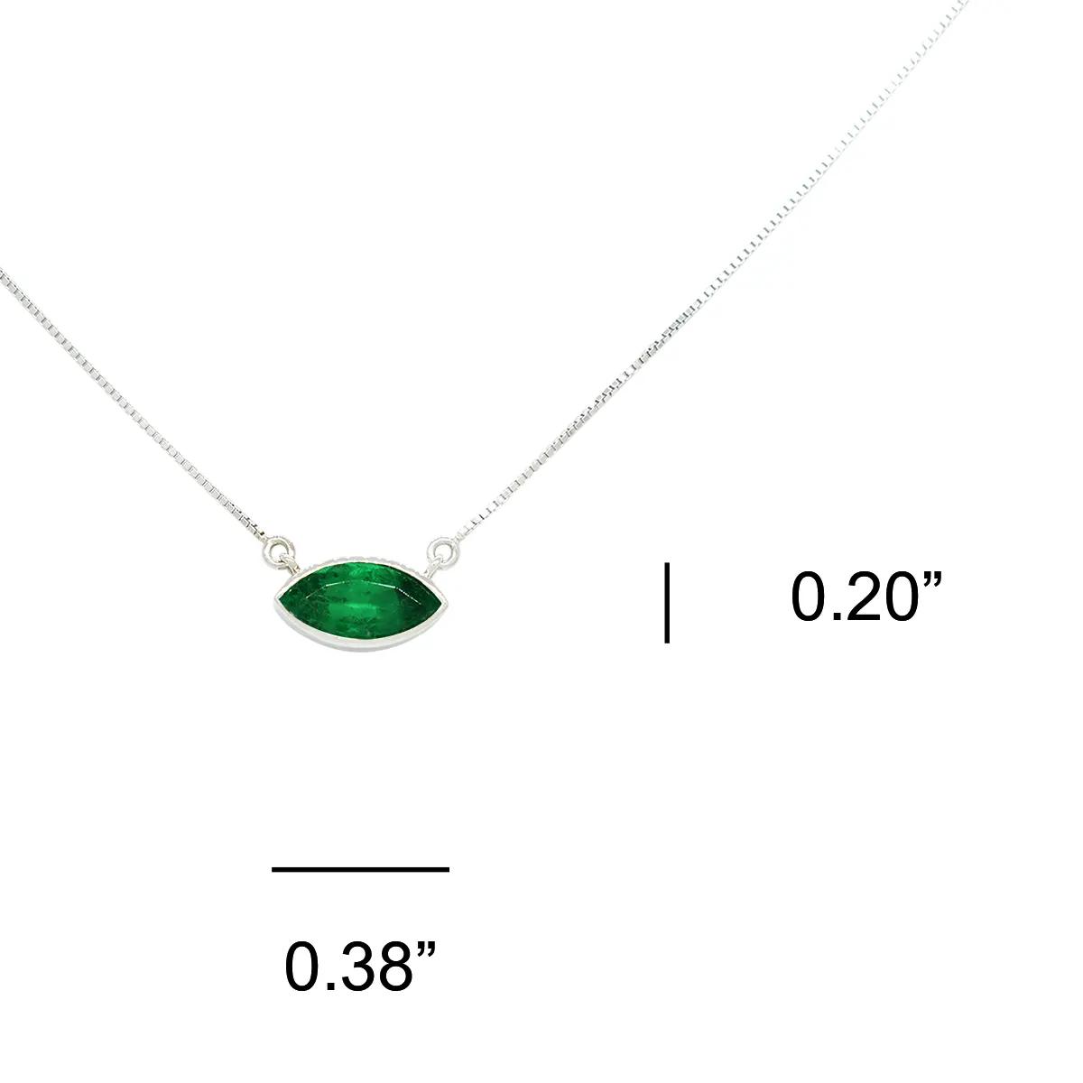 The marquise shape emerald is set as the centerpiece of this necklace and joined to a durable 18 inches long box chain. The dimensions of the centerpiece are 0.20 inches high by 0.38 inches wide