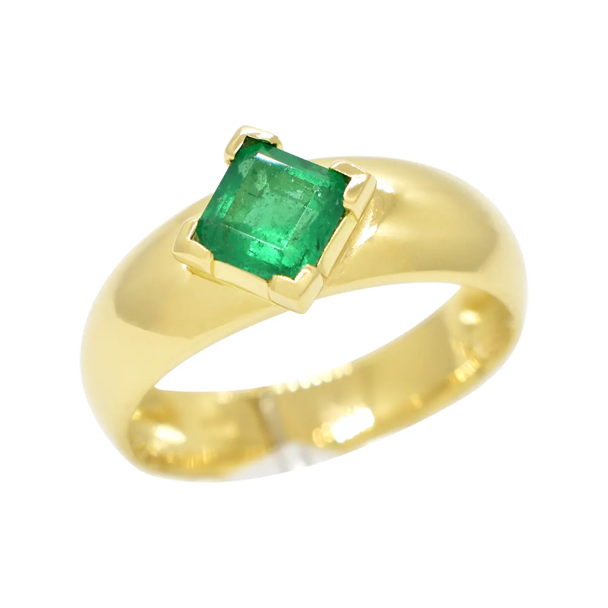 Solid 18K gold emerald ring custom-made with a wide dome shank and a square shape emerald cut natural Colombian emerald