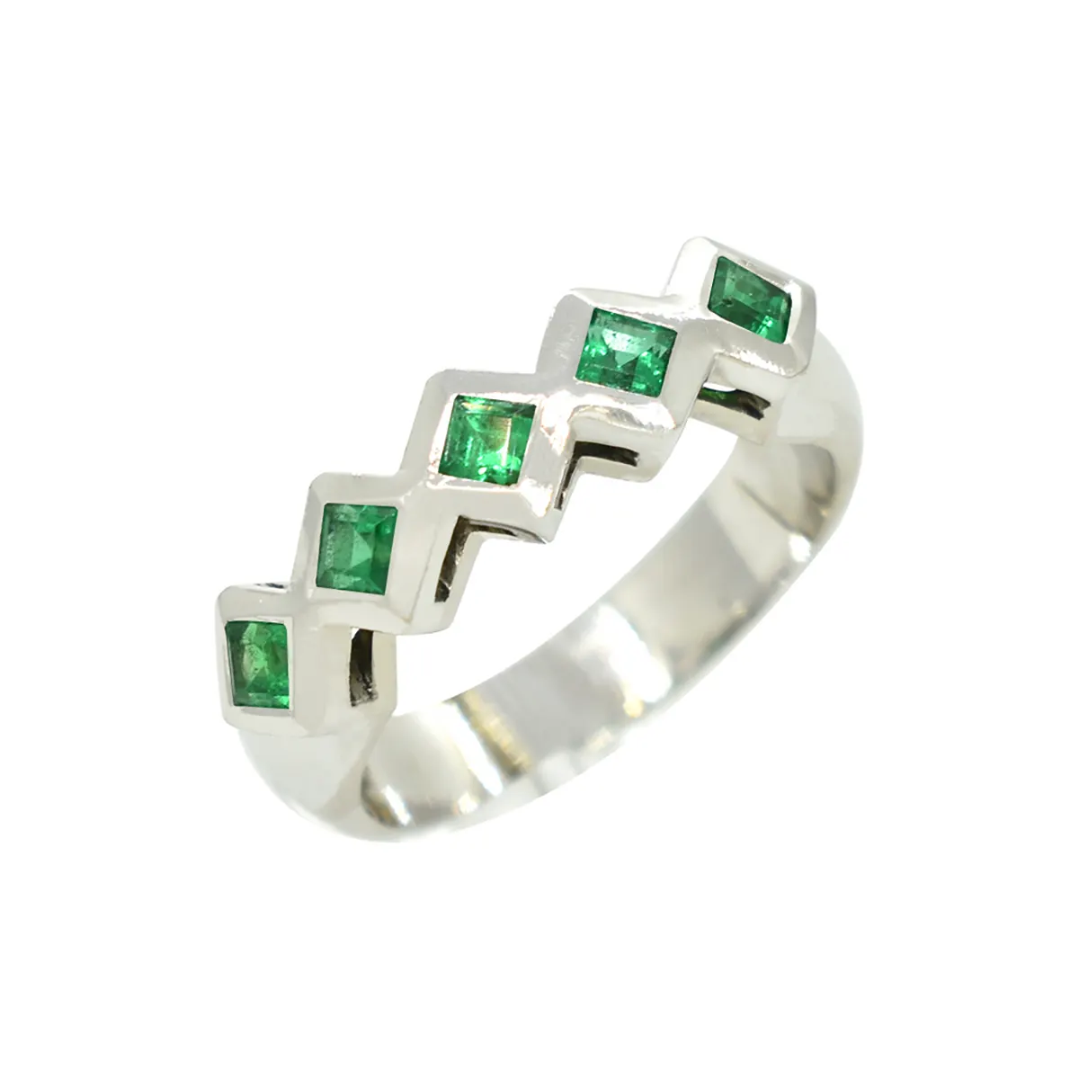 18K white gold band ring with 5 square cut green emeralds in 0.37 Ct. t.w. in bezel setting