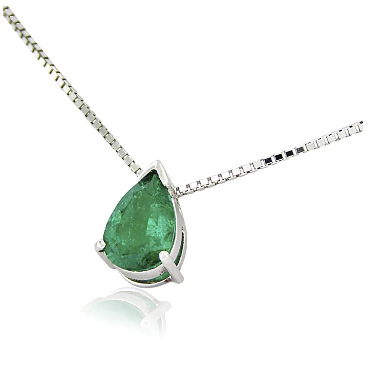 Pear Shape Emerald Solitaire Necklace in 18K White Gold