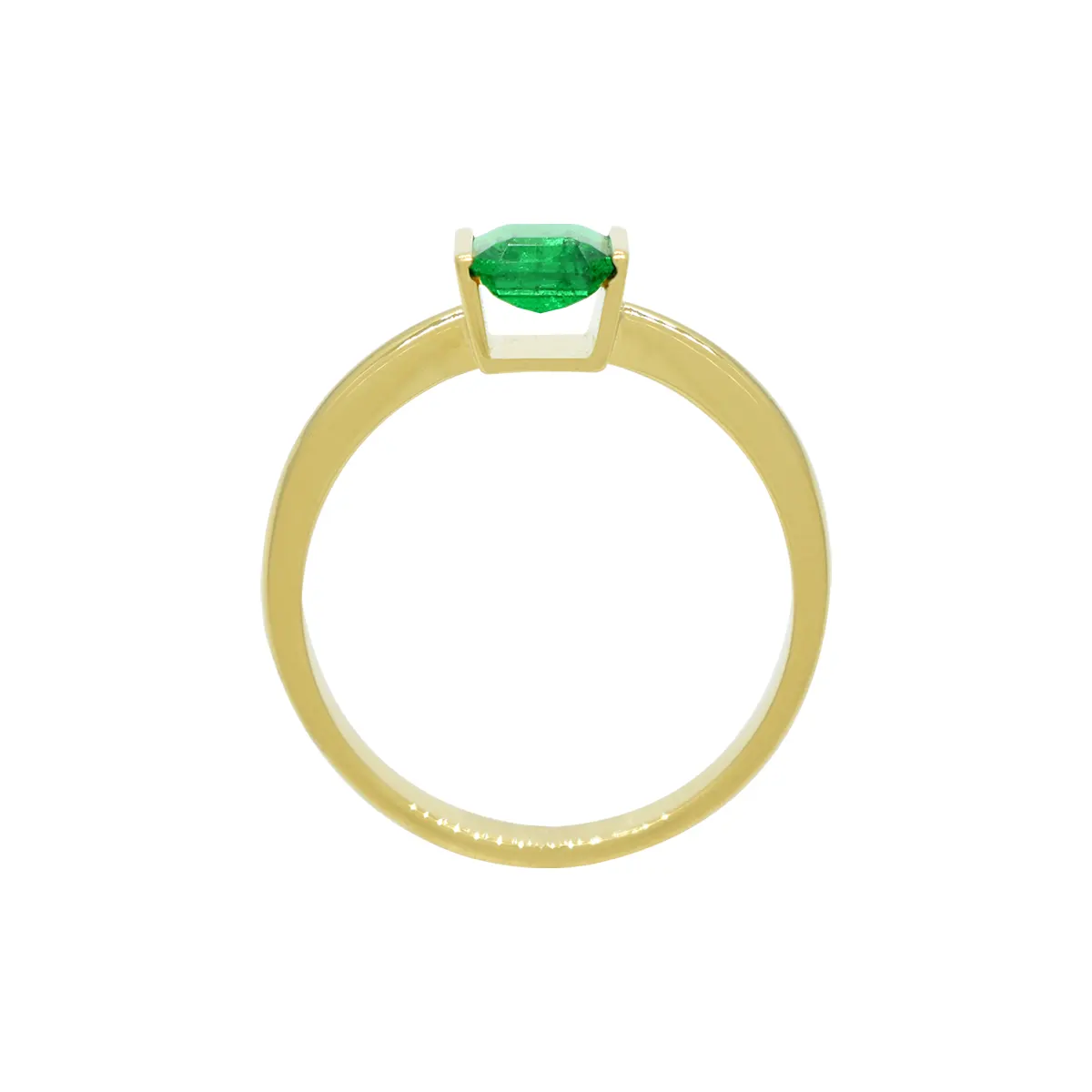The emerald is set in a half-bezel tension setting. This setting securely holds the emerald in place while allowing a significant portion of the stone to be visible, showcasing its natural beauty and color