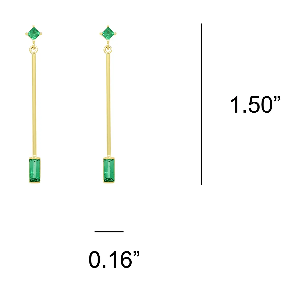 The dimensions of these green and yellow emerald earrings are 1.50 inches high by 0.16 inches wide