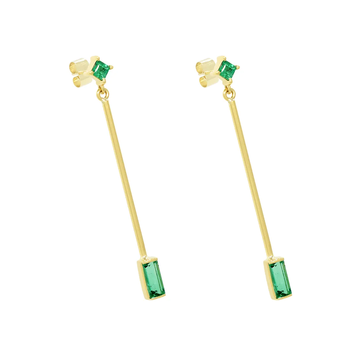 Emerald and baguette cut natural Colombian emeralds set in thin dangling earrings custom made in a fine drop style set of earrings