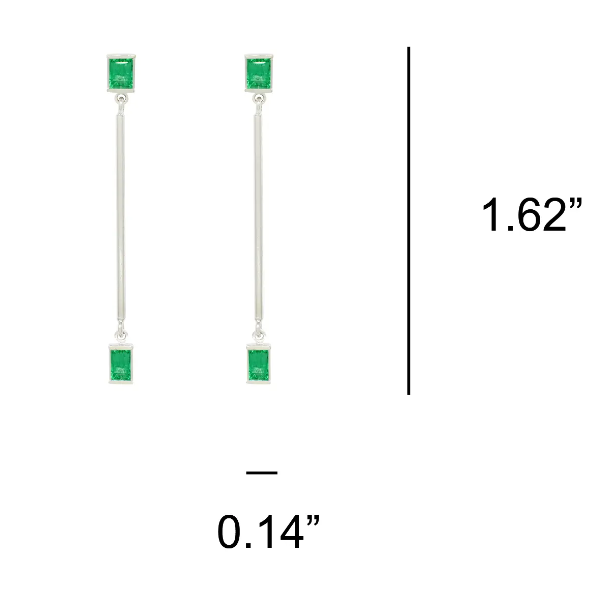 The dimensions of these emerald earrings are 1.62 inches high by 0.14 inches wide