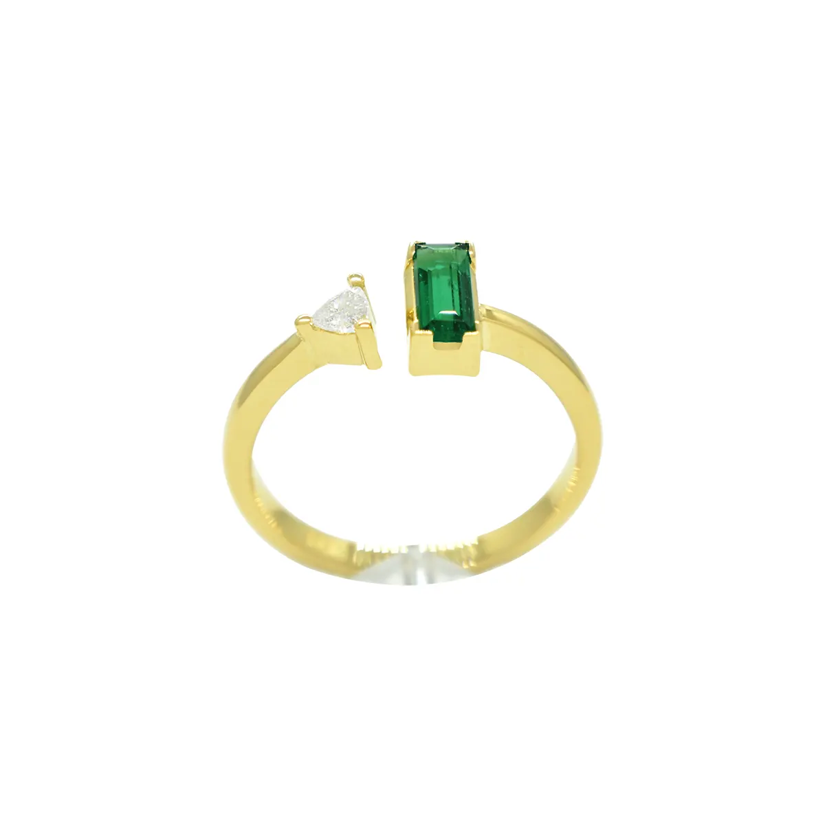 There is a small trillion-cut diamond on one end of the cuff ring. On the opposite end of the cuff ring is a beautiful emerald-cut emerald.