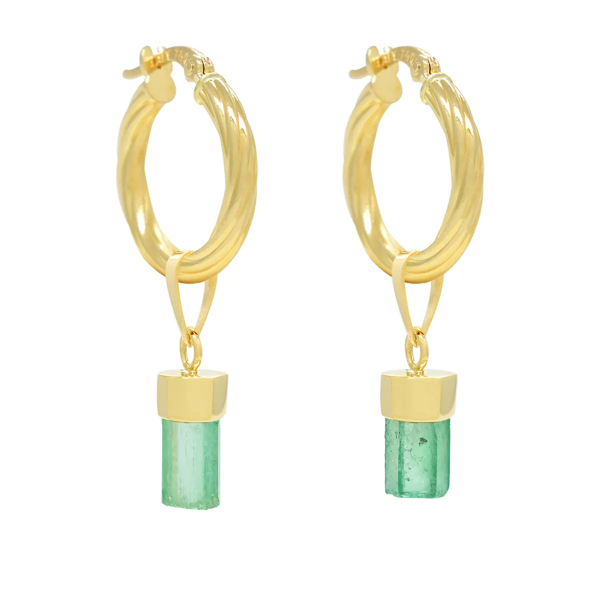 Uncut Natural Emeralds in 18K Gold Hoop Earrings